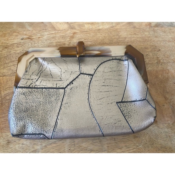 The Unbranded Brand Handbags - VTG 1950s Metallic Pewter Geometric Clutch Marbled Lucite Evening Art Deco